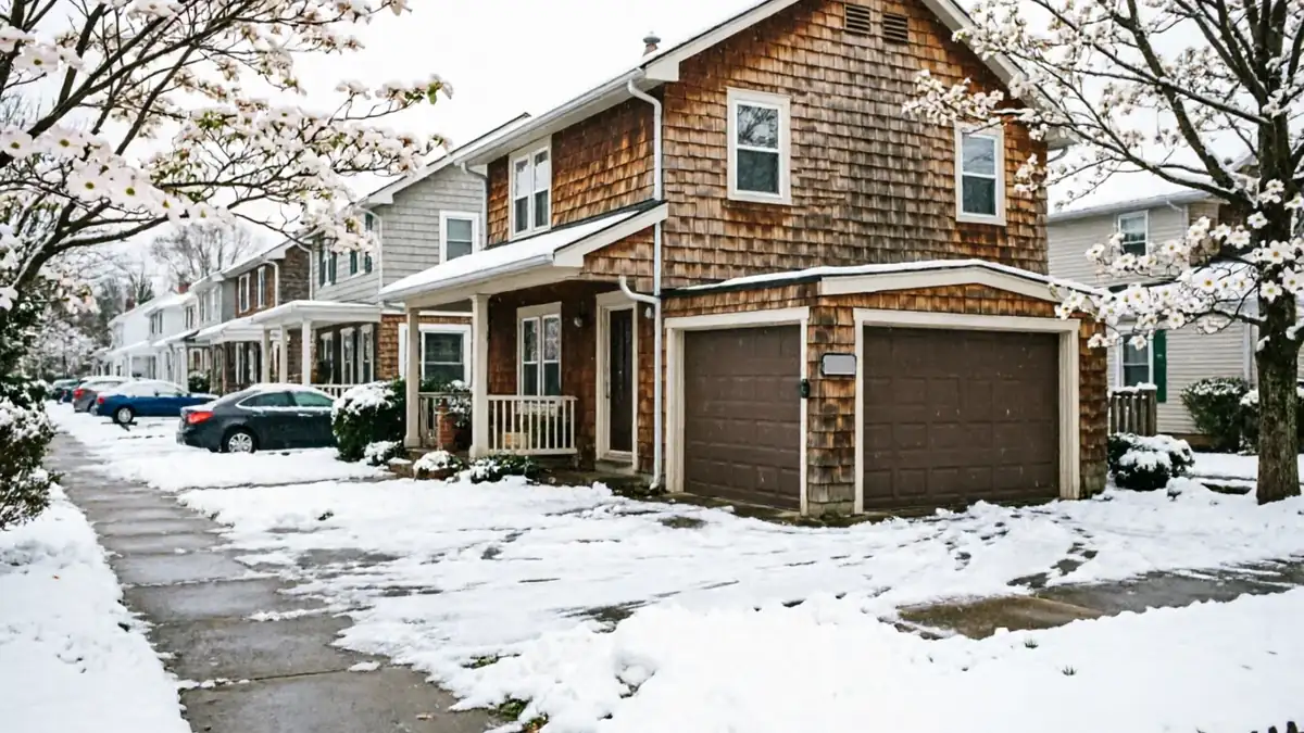 A brown garage door on a house with wood shingles, surrounded by snow.