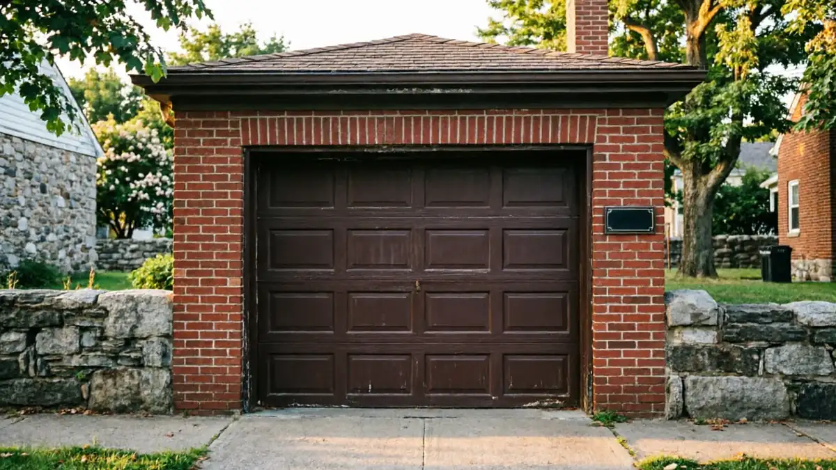 The brown panel garage door is set in a red brick garage with a stone wall.