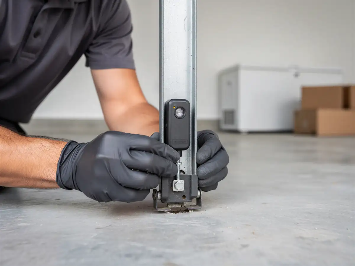 A technician in black gloves adjusts a garage door safety sensor on a metal track.