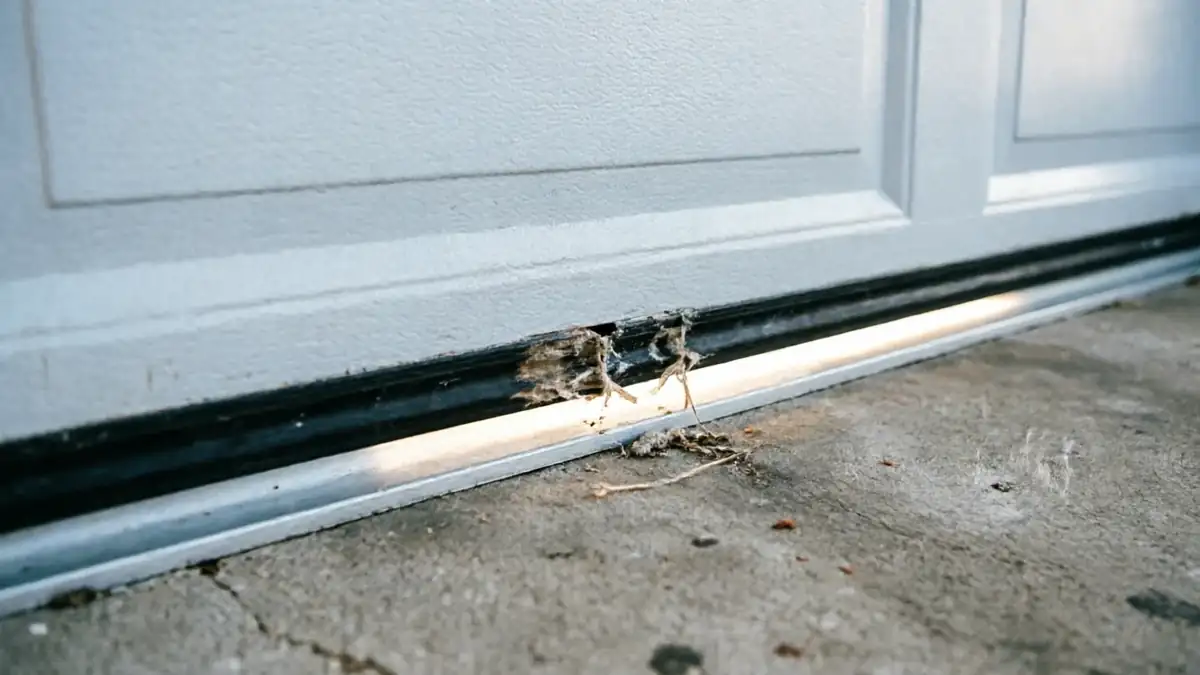 The bottom of a white garage door has a damaged weather seal and a gap.